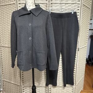 Weekends by Chico's 2 Piece Pants Jacket Set Size 1/M Charcoal Gray Ponte Knit